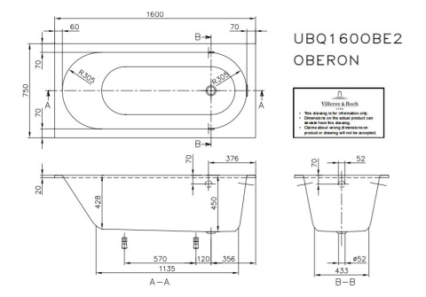 VILLEROY & BOCH OBERON wanna 160X75 UBQ160OBE2V