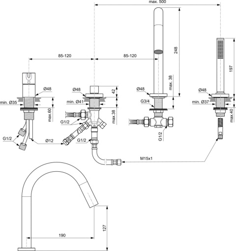 IDEALSTANDARD JOY bateria wannowa 4-otworowa z wylewką-BC789