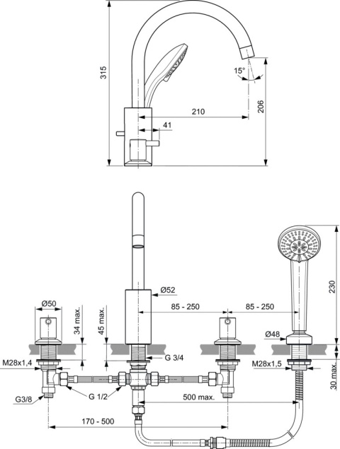 IDEALSTANDARD CERALINE bateria wannowa stojąca-BC198