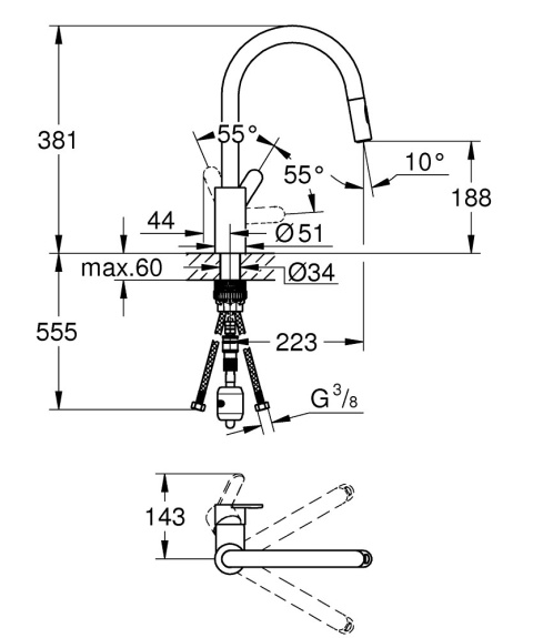 GROHE Eurosmart Cosmopolitan Jednouchwytowa bateria zlewozmywakowa-31482003