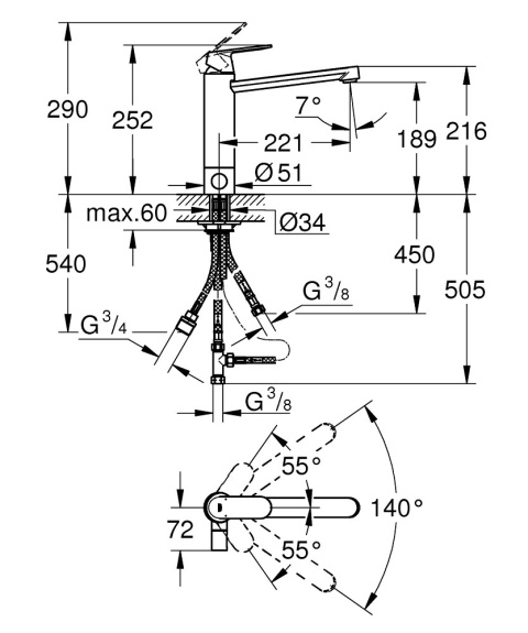 GROHE Eurosmart Cosmopolitan Jednouchwytowa bateria zlewozmywakowa-30195000