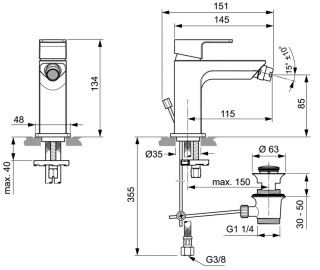 IDEALSTANDARD Edge Bateria bidetowa stojąca, metalowy korek - A7118