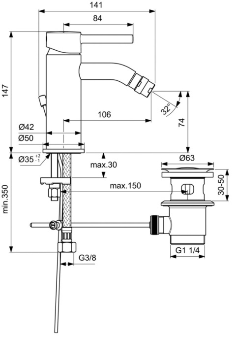 IDEALSTANDARD Ceraline Bateria bidetowa stojąca, metalowy korek - BC197